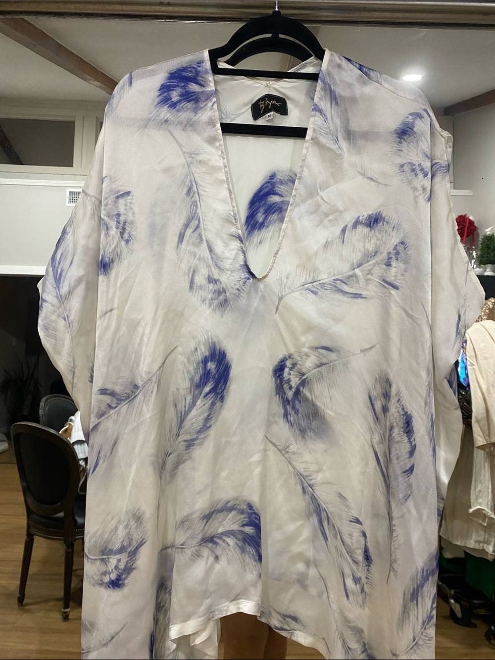 Biya Silk pearl white and blue feather Blouse with Subtle Sheen